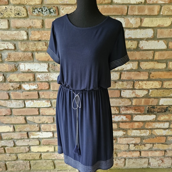 Navy Blue Short Sleeve T-shirt Dress with Drawstring Waist - Picture 2 of 11